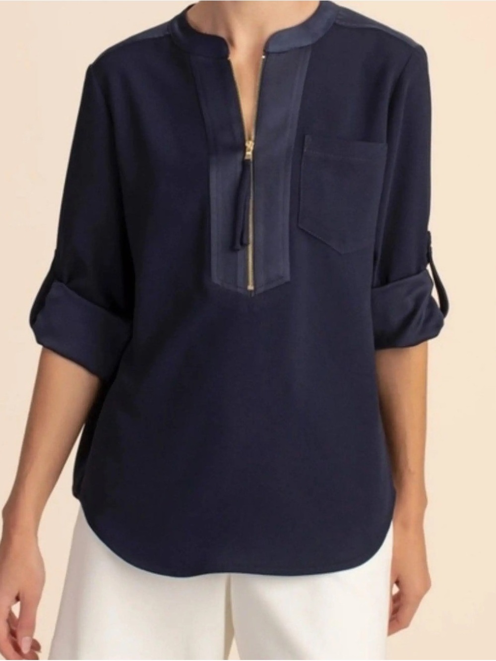 Trina Turk Kaiko Navy Zip-Front Blouse